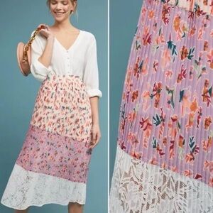 ANTHROPOLOGIE Laia Floral Pleated Lace Asymmetrical Midi Skirt Sz L